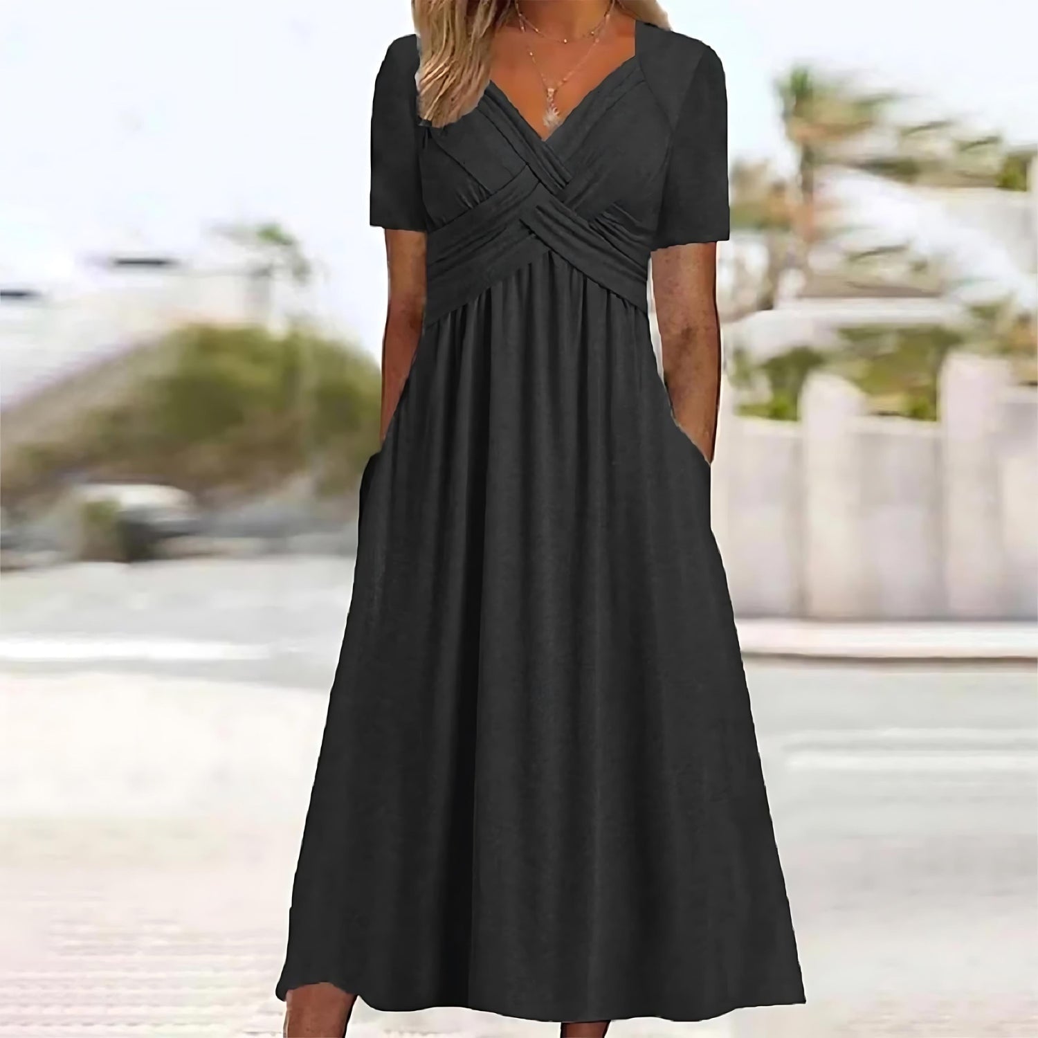 Robe Midi Enveloppement Décolleté en V Manches Courtes Évasée Femme Casual Chic Décontractées Quotidien Été – Carmen