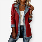 Veste Femme Maille Côtelée et Denim Contrastant, Col Rabattu et Boutons
