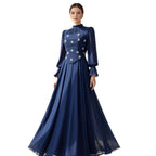 Lange jurk met diamantmotief, lange mouwen, ronde hals, A-lijn, polyester, elegante en bescheiden damesjurk voor formele bruiloft, gala, winter – Diamantine