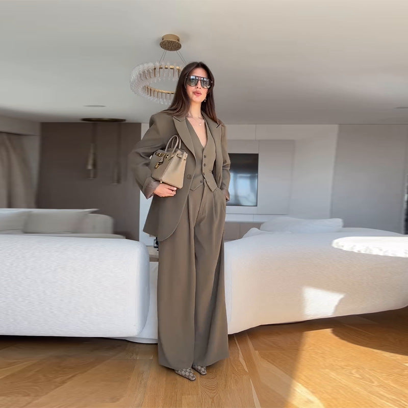 Ensemble Deux Pièces Femme Blazer Manches Longues Pantalon Large Polyester Couleur Unie Casual Jumpsuit Chic Bureau Loisirs Printemps – Taupe Élégance
