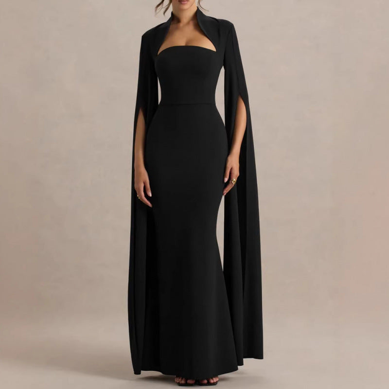 Abito lungo aderente maniche con spacco zip laterale poliestere-spandex colore unico donna elegante sera matrimonio gala formale cocktail – Spacco
