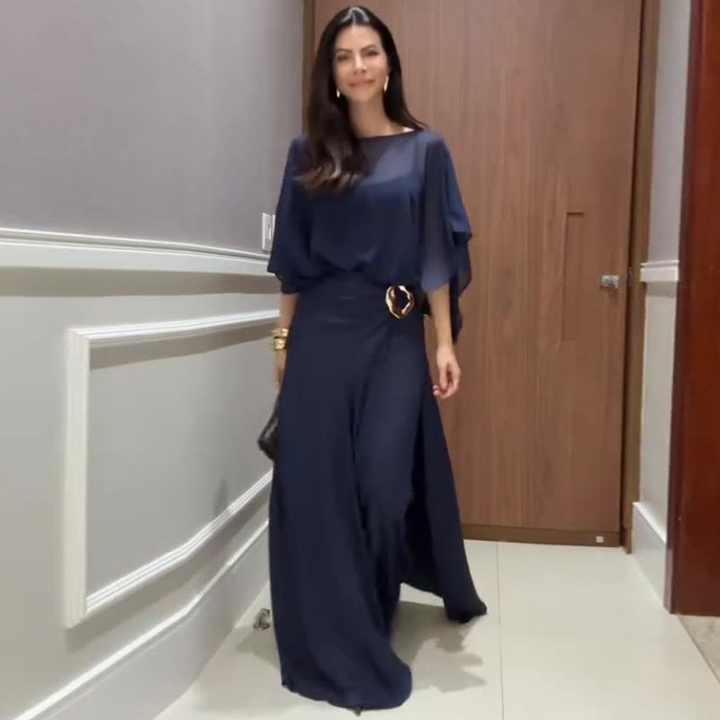Completo Due Pezzi Donna Blusa Maniche Kimono Pantalone Largo Poliestere Colore Unito Elegante Casual Chic Matrimonio Estate – Palazzo