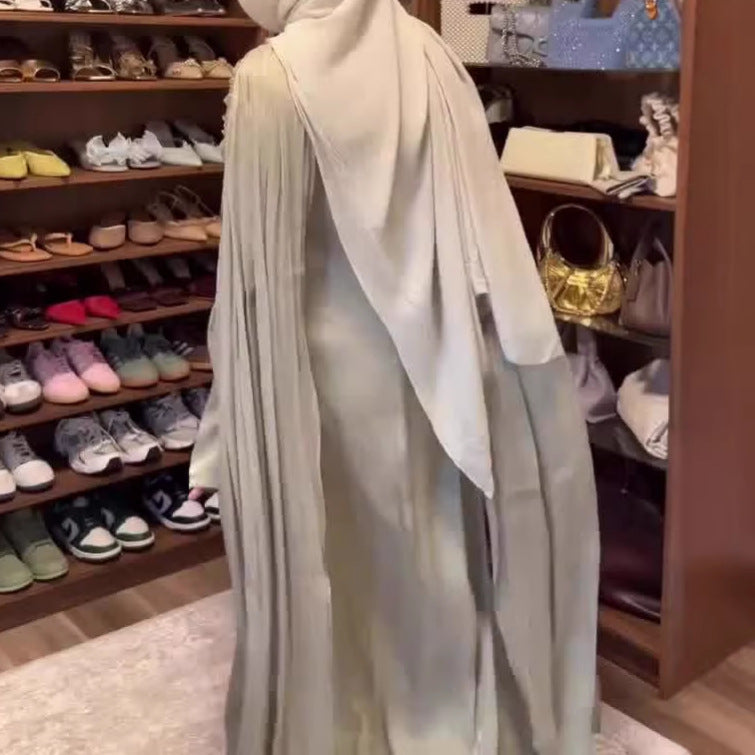 Abito Lungo Plissettato Maniche Lunghe Scollo Rotondo Vita Medio-Alta Poliestere Donna Aderente Elegante Matrimonio Formale Spostamenti Estate – Sauge Douce