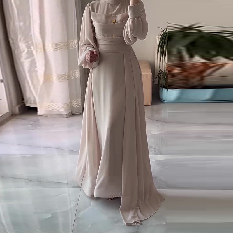 Robe Longue Manches Longues Cintrée Boutons Frontaux Polyester-Spandex Femme Élégante Modeste Formelle Mariage Quotidien – Yasmine