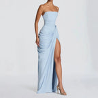 Robe Longue Femme Bustier Sans Bretelles Plissée Fente Latérale Polyester Mariage Soirée Gala Formelle Cocktail – Séraphine