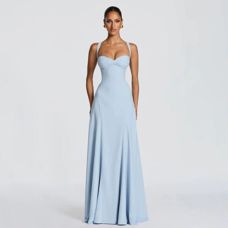 Robe Longue Bretelles Cintrée Taille Mélange Polyester-Spandex Femme Élégante Mariage Formelle Bal Cérémonie Été – Mirabelle