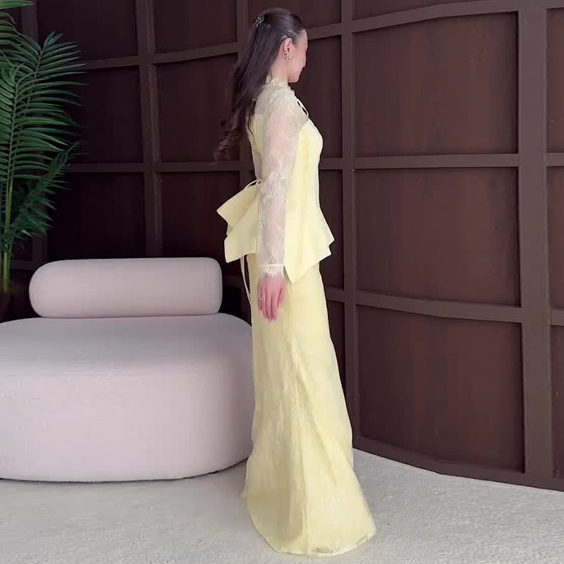 Tweedelige damesset met top met lange mouwen en lange kanten rok van polyester voor ceremonie, bruiloft, avond, gala – Doriane