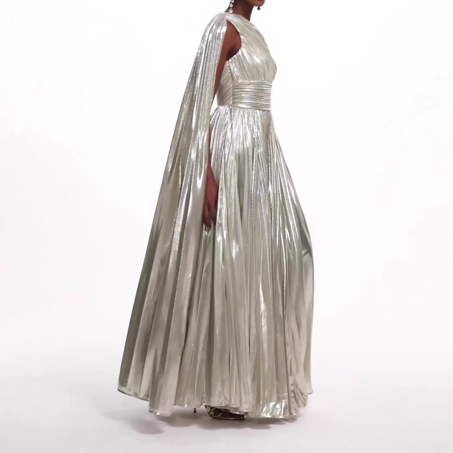 Vestido largo para mujer con un hombro descubierto, metalizado brillante, poliéster, formal, gala, boda, cóctel, alfombra roja – Plateado
