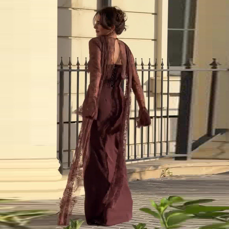 Robe Longue Dentelle Col Rond Jupe Longue Fluide Polyester Femme Élégante Soirée Mariage Formelle Cocktail Gala Automne – Dentelle Douce