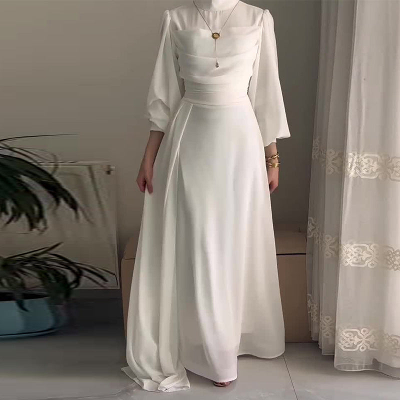 Robe Longue Manches Longues Cintrée Boutons Frontaux Polyester-Spandex Femme Élégante Modeste Formelle Mariage Quotidien – Yasmine