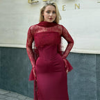 Robe Longue Dentelle Col Rond Jupe Longue Fluide Polyester Femme Élégante Soirée Mariage Formelle Cocktail Gala Automne – Dentelle Douce