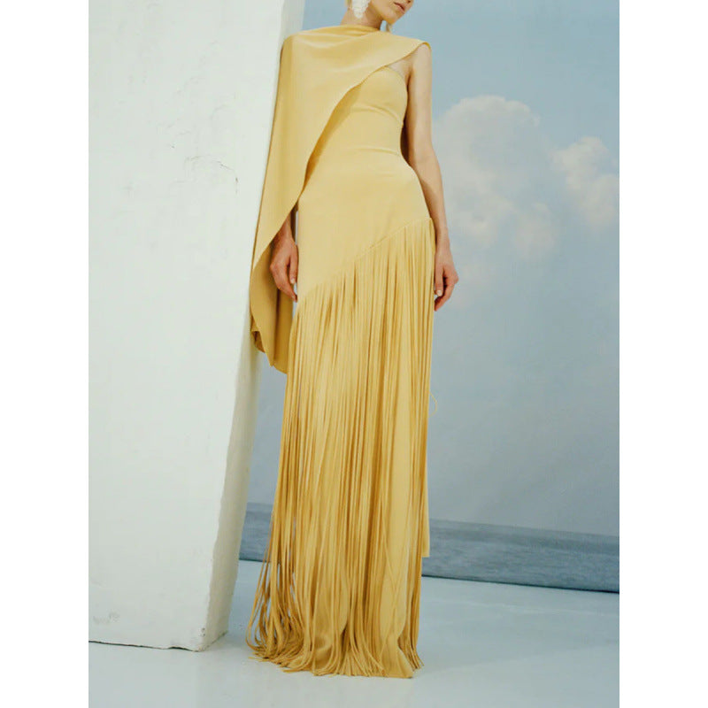 Robe Longue Plissée Frangée Couleur Unie Polyester Femme Élégante Soirée Mariage Cocktail Formelle Gala Automne – Dorée Plissée