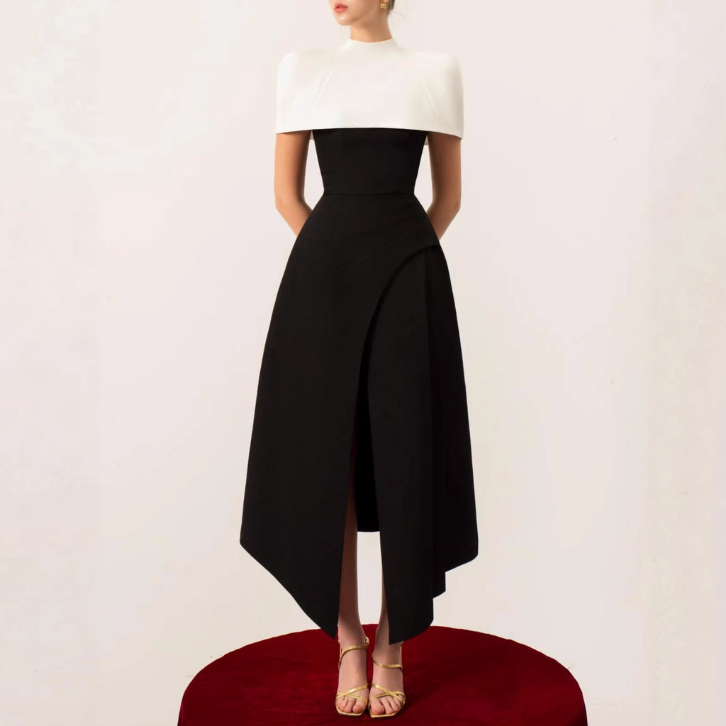 Robe Midi Femme Bretelles Fines Taille Cintrée Fente Asymétrique Polyester Soirée Cocktail Mariage Formelle Gala – Noirève