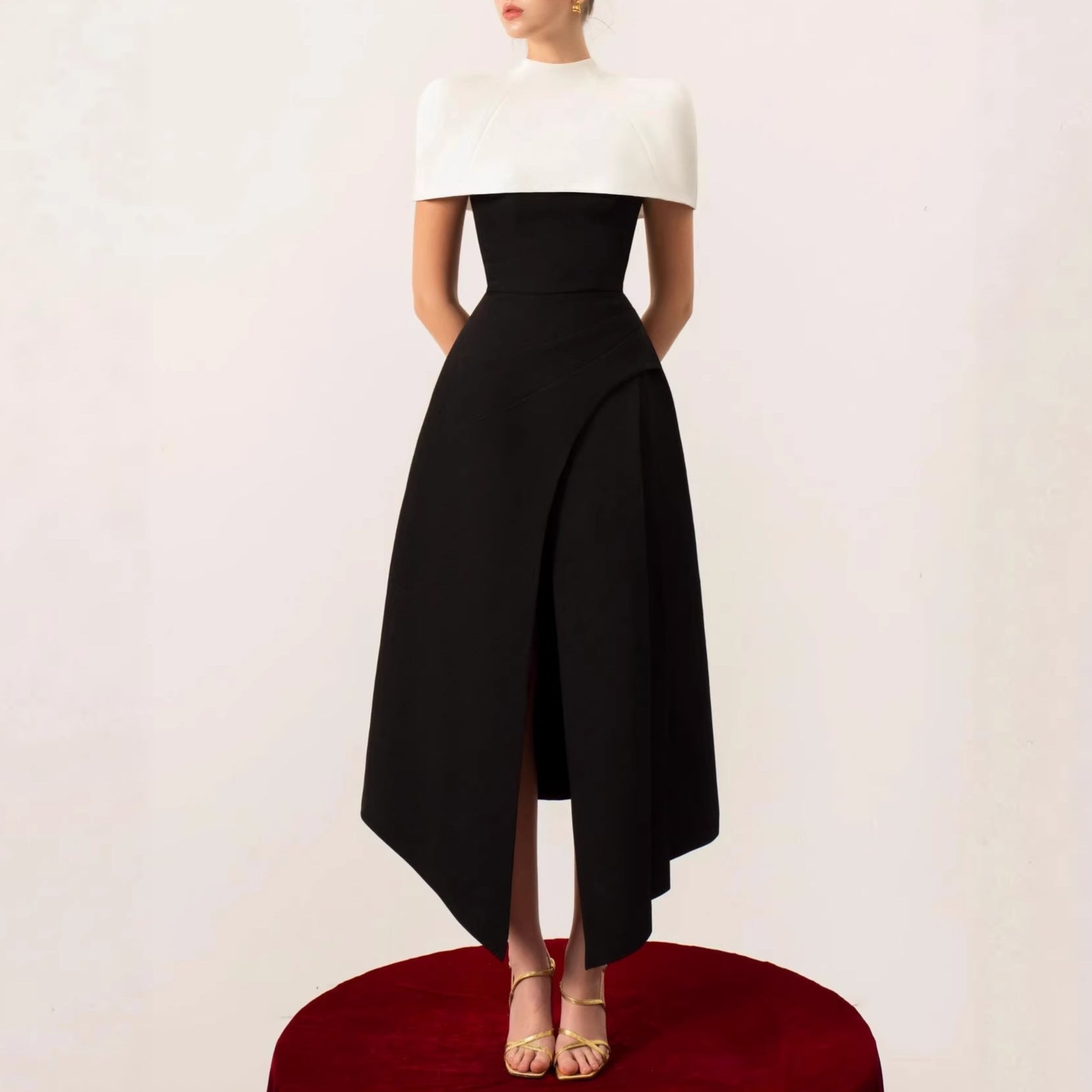Robe Midi Femme Bretelles Fines Taille Cintrée Fente Asymétrique Polyester Soirée Cocktail Mariage Formelle Gala – Noirève