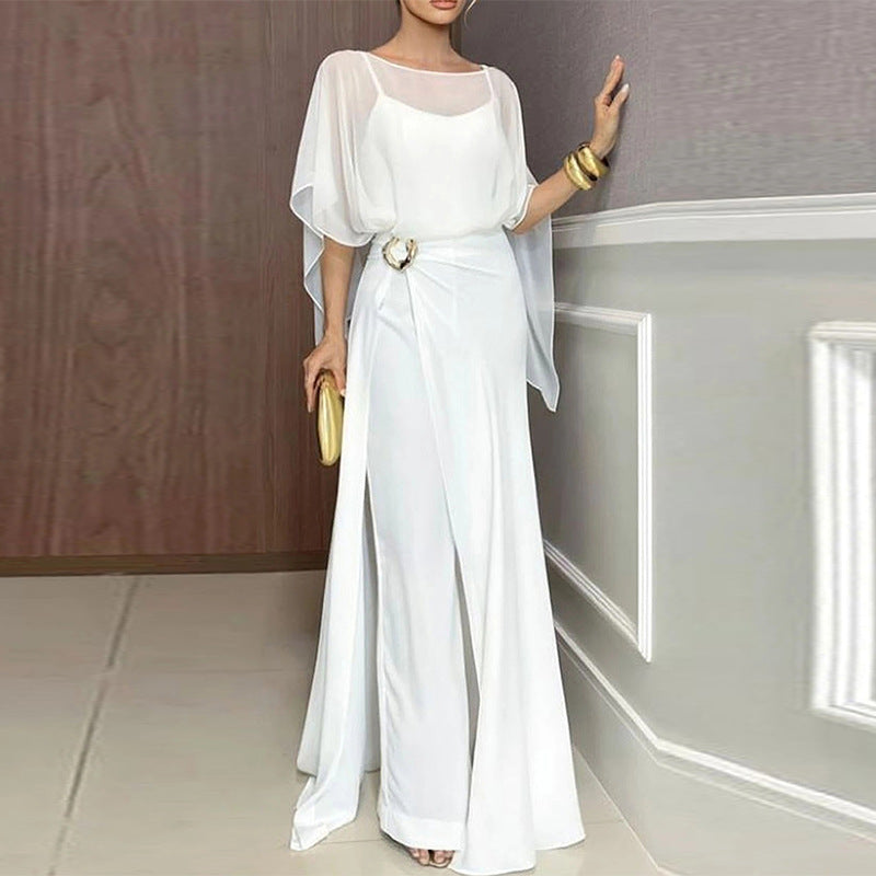 Completo Due Pezzi Donna Blusa Maniche Kimono Pantalone Largo Poliestere Colore Unito Elegante Casual Chic Matrimonio Estate – Palazzo