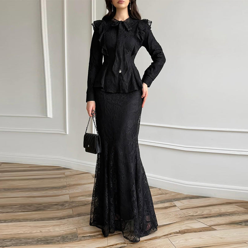 Ensemble Deux Pièces Femme Veste Jupe Longue Sirène Dentelle Polyester Cérémonie Mariage Soirée Gala – Lumière