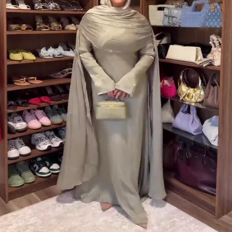 Abito Lungo Plissettato Maniche Lunghe Scollo Rotondo Vita Medio-Alta Poliestere Donna Aderente Elegante Matrimonio Formale Spostamenti Estate – Sauge Douce