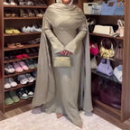 Abito Lungo Plissettato Maniche Lunghe Scollo Rotondo Vita Medio-Alta Poliestere Donna Aderente Elegante Matrimonio Formale Spostamenti Estate – Sauge Douce