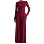 Robe Longue Plissée Manches Longues Cintrée Taille Polyester-Ammoniaque Femme Élégante Soirée Mariage Cocktail Formelle – Rubis