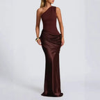 Robe Longue Col Asymétrique Diagonal Sans Manches Plissée Slim Mélange Polyester-Spandex Femme Élégante Soirée Mariage Formelle Gala Été – Diagonale