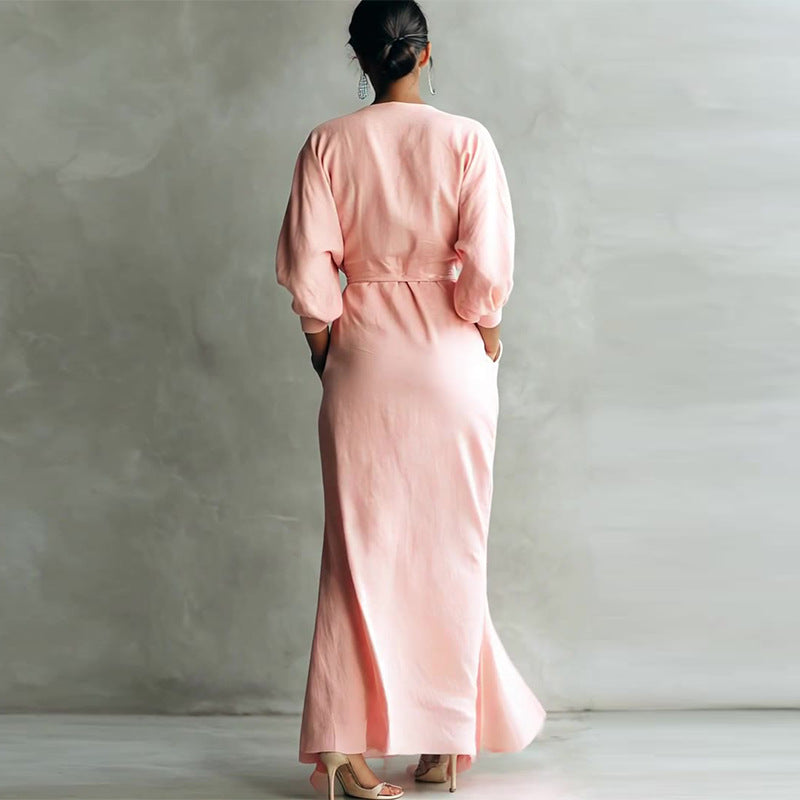 Robe Longue Décolleté en V Drapée Manches Longues Polyester-Spandex Femme Élégante Soirée Mariage Cocktail Formelle – Dahlia