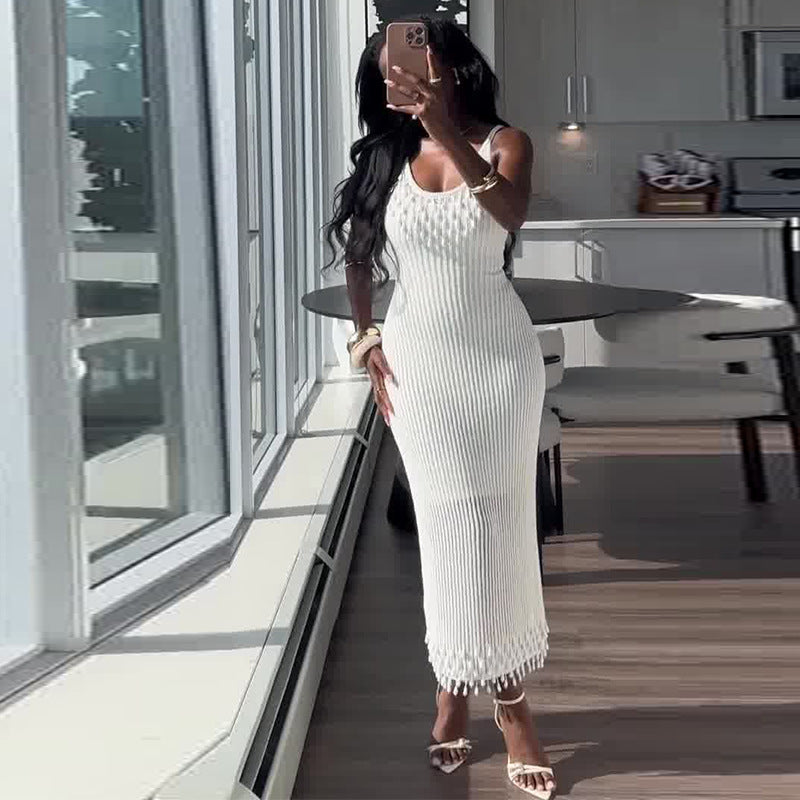 Abito Midi Donna in Maglia Senza Spalline Sottile Aderente in Poliestere Elegante Formale per Serate Primavera Estate – Bianco Avorio