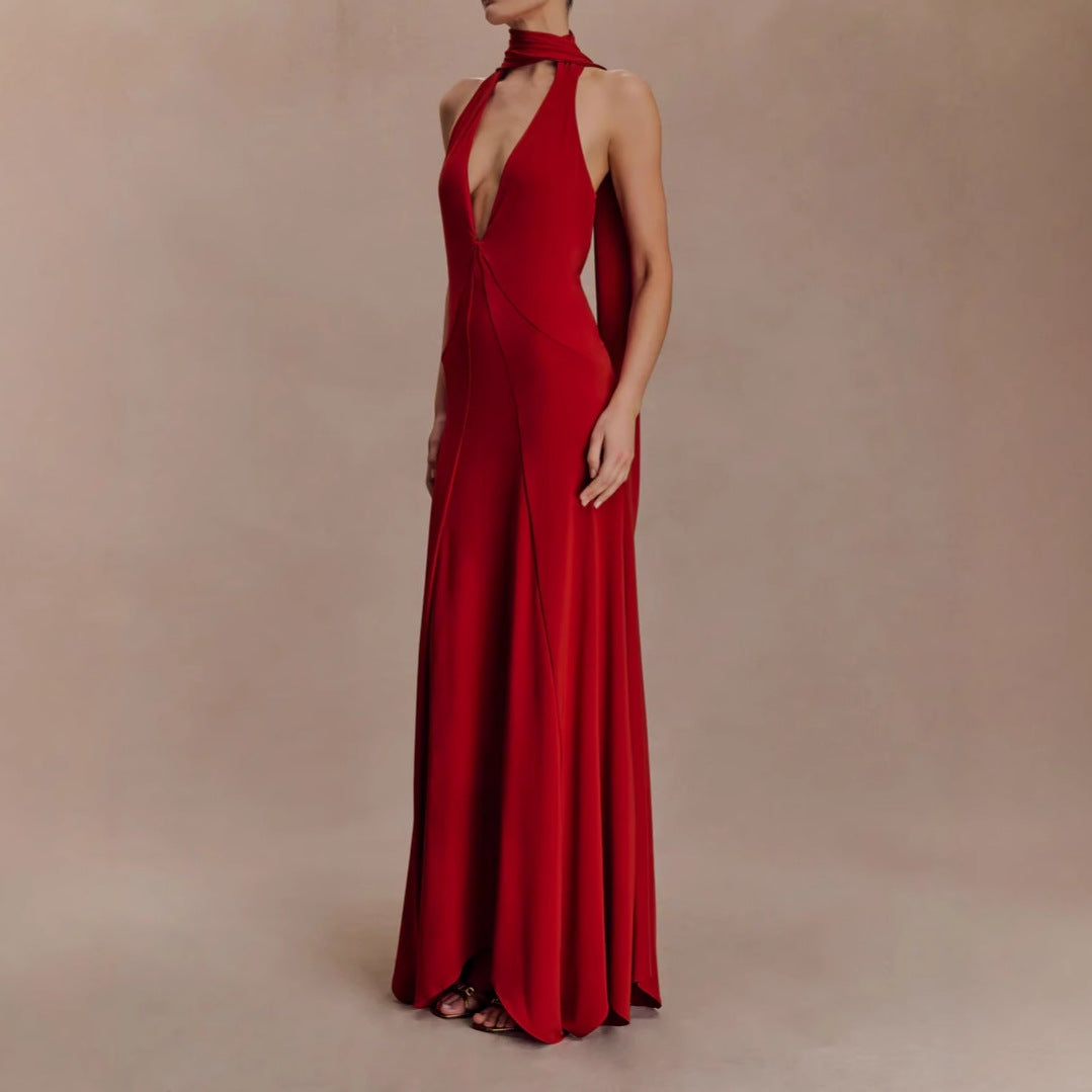 Lange jurk met open rug, halter, V-hals, mouwloos, polyester, glamoureus, avond, bruiloft, formeel, cocktail, gala – Scarlett