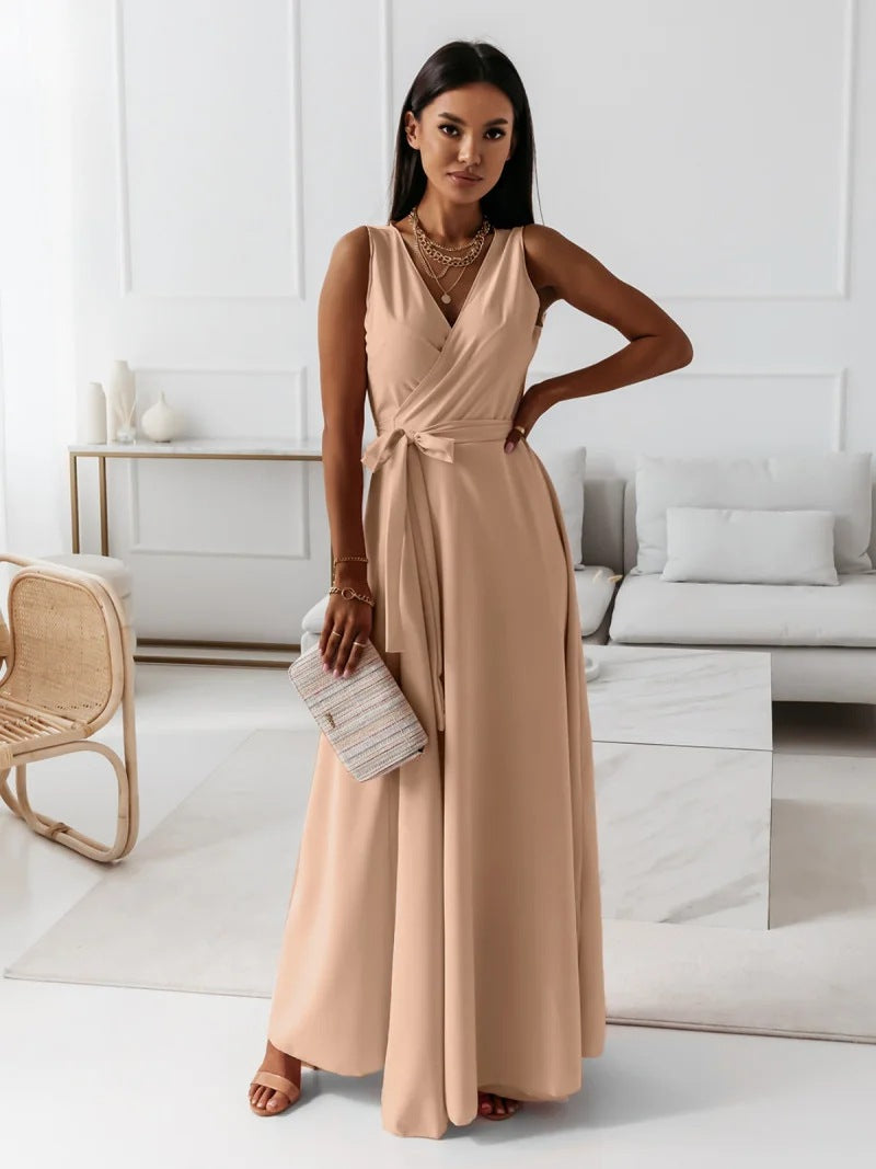 Robe Longue de Mariage pour Femme Élégante avec Corsage Enveloppant Silhouette Fluide Gown de Cérémonie Formelle
