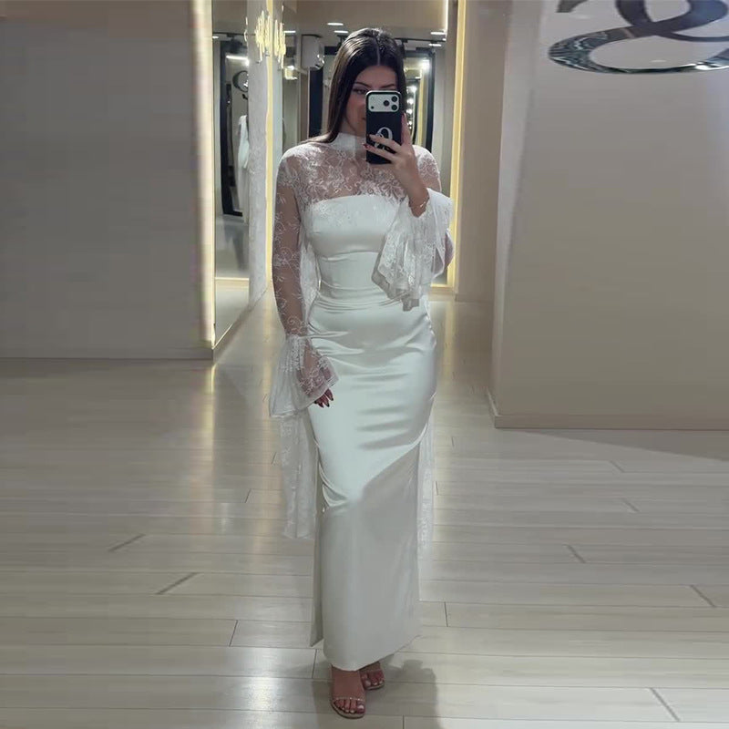 Robe Longue Dentelle Col Rond Jupe Longue Fluide Polyester Femme Élégante Soirée Mariage Formelle Cocktail Gala Automne – Dentelle Douce