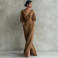 Robe Longue Décolleté en V Drapée Manches Longues Polyester-Spandex Femme Élégante Soirée Mariage Cocktail Formelle – Dahlia