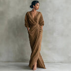 Robe Longue Décontractée Femme Col V Manches Trois-Quarts Drapée Fente Cérémonie Mariage Formelle – Saorise