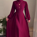 Robe Longue Manches Longues Cintrée Boutons Frontaux Polyester-Spandex Femme Élégante Modeste Formelle Mariage Quotidien – Yasmine