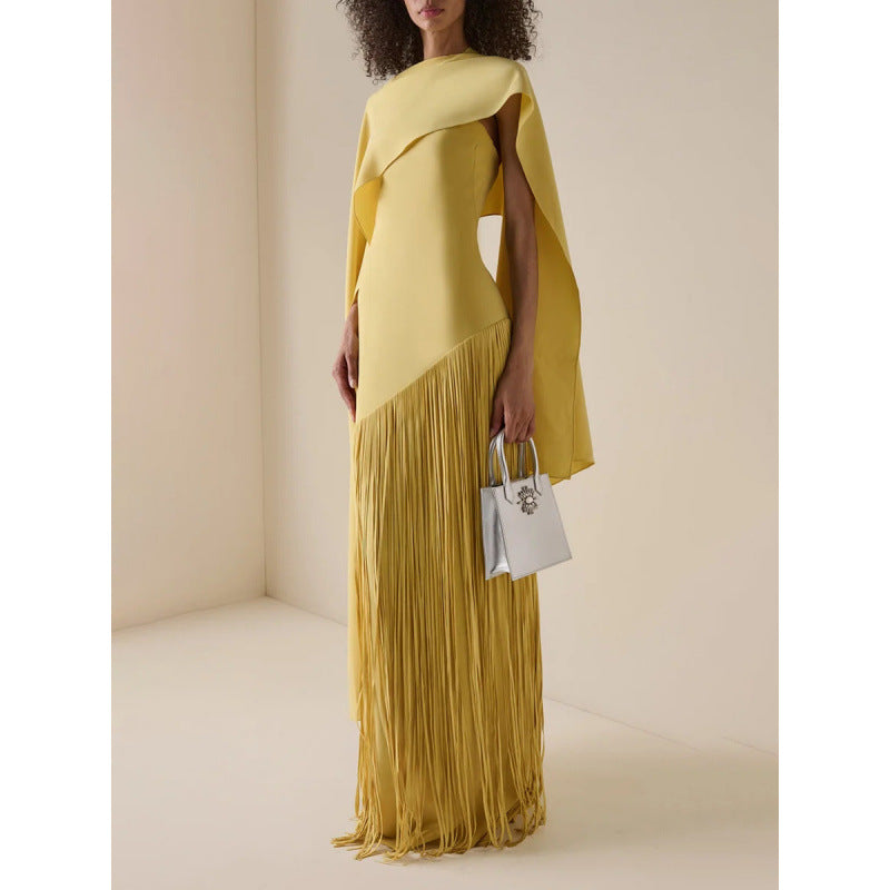 Robe Longue Plissée Frangée Couleur Unie Polyester Femme Élégante Soirée Mariage Cocktail Formelle Gala Automne – Dorée Plissée