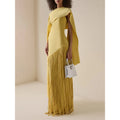 Robe Longue Plissée Frangée Couleur Unie Polyester Femme Élégante Soirée Mariage Cocktail Formelle Gala Automne – Dorée Plissée