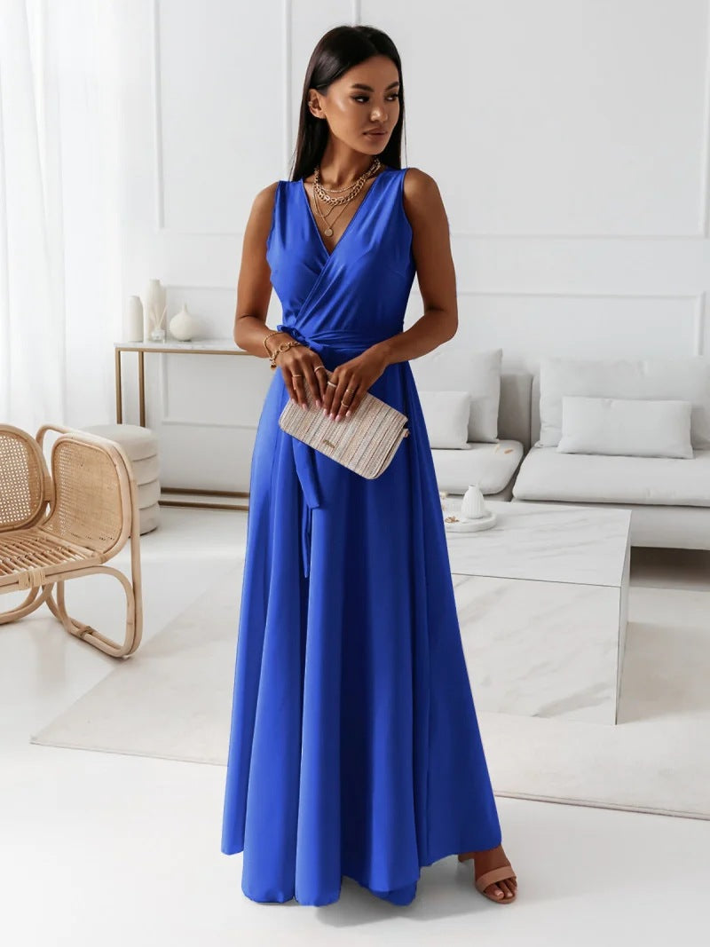 Robe Longue de Mariage pour Femme Élégante avec Corsage Enveloppant Silhouette Fluide Gown de Cérémonie Formelle