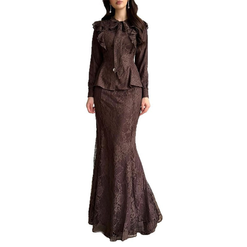 Ensemble Deux Pièces Femme Veste Jupe Longue Sirène Dentelle Polyester Cérémonie Mariage Soirée Gala – Lumière