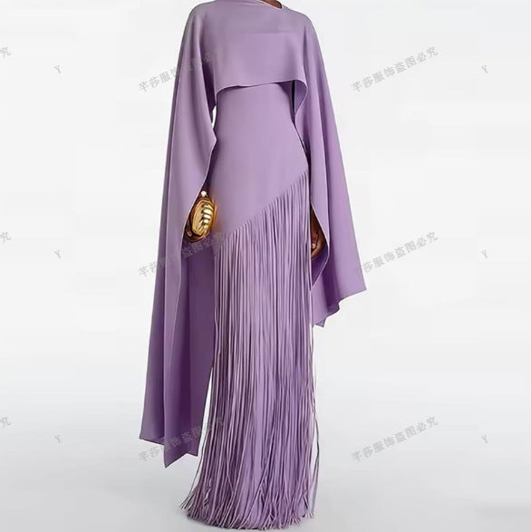 Robe Longue Plissée Frangée Couleur Unie Polyester Femme Élégante Soirée Mariage Cocktail Formelle Gala Automne – Dorée Plissée
