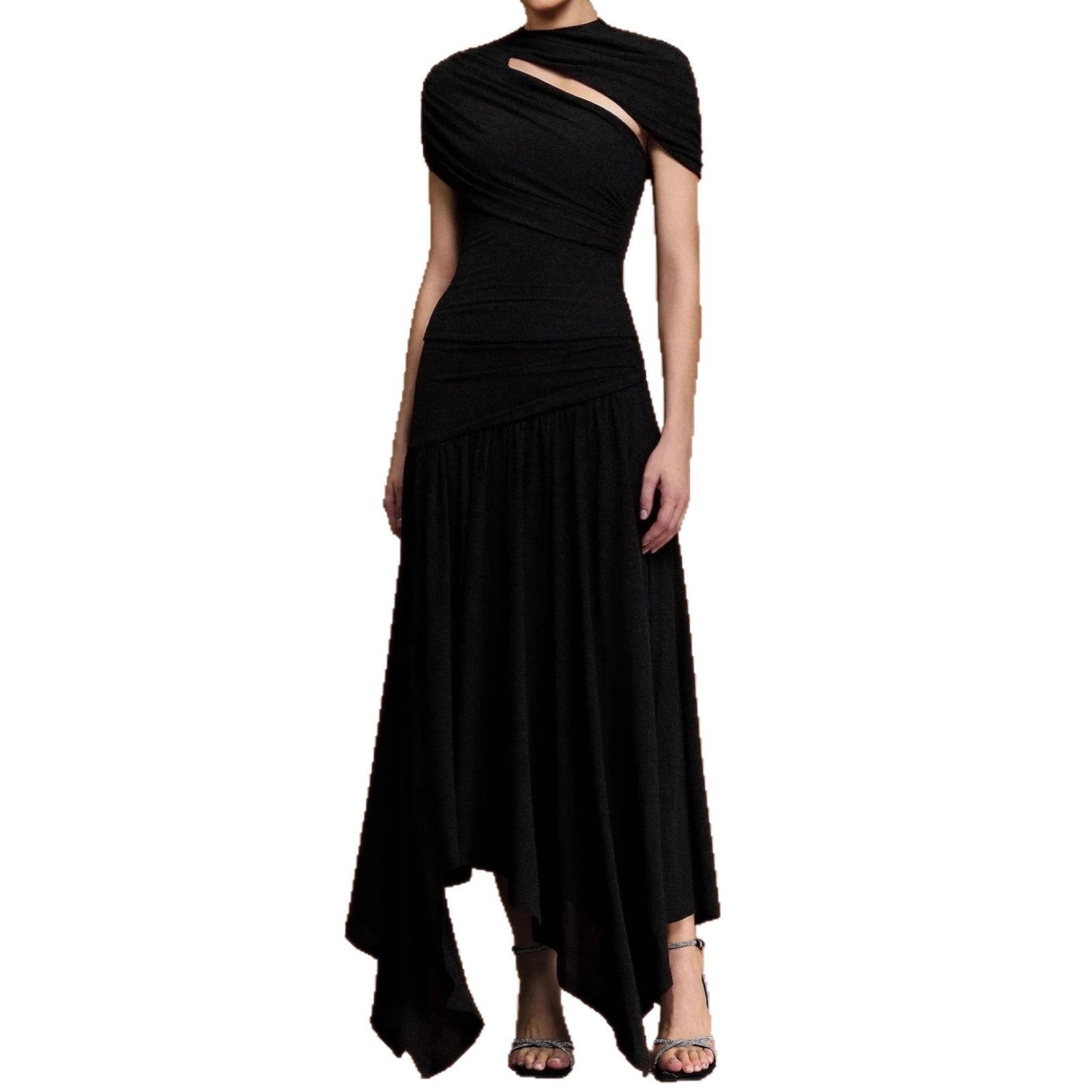 Robe Midi Plissée Noire Col Rond Manches Courtes Asymétrique Cut-Out Polyester Femme Élégante Soirée Cocktail Mariage Formelle Gala – Obsidienne