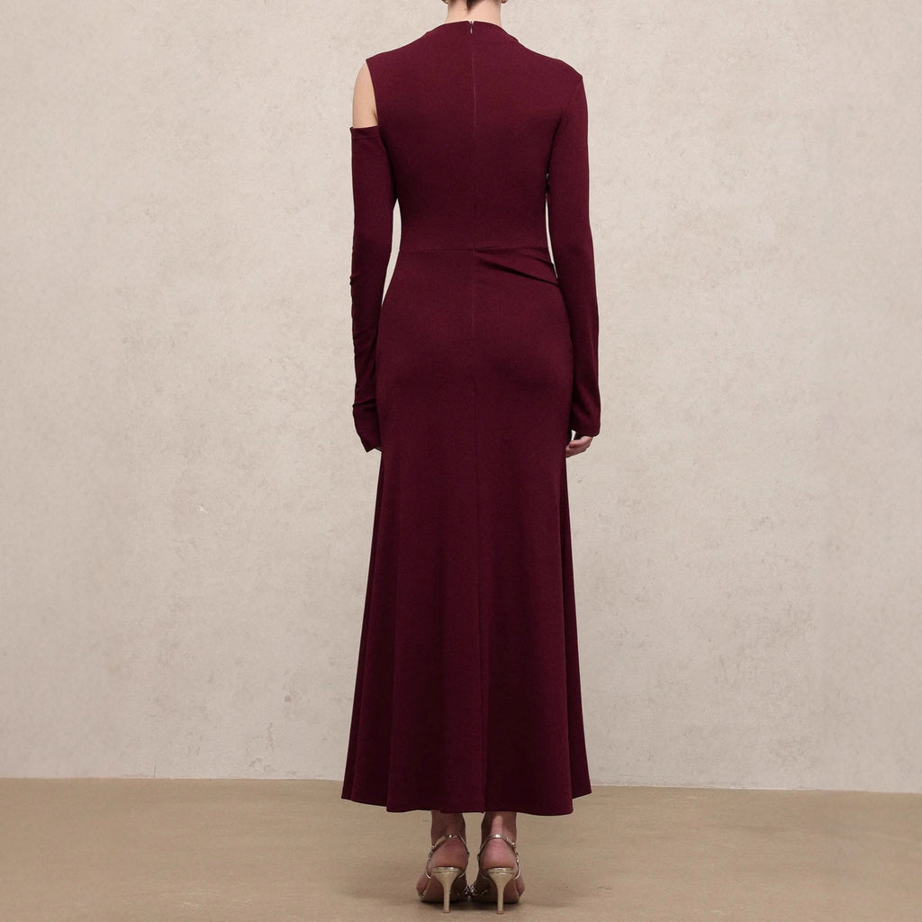 Vestido largo asimétrico con hombro descubierto, manga larga, poliéster, mujer, entallado, elegante, para noche, boda, cóctel, formal – Burdeos