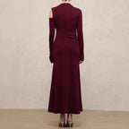 Vestido largo asimétrico con hombro descubierto, manga larga, poliéster, mujer, entallado, elegante, para noche, boda, cóctel, formal – Burdeos