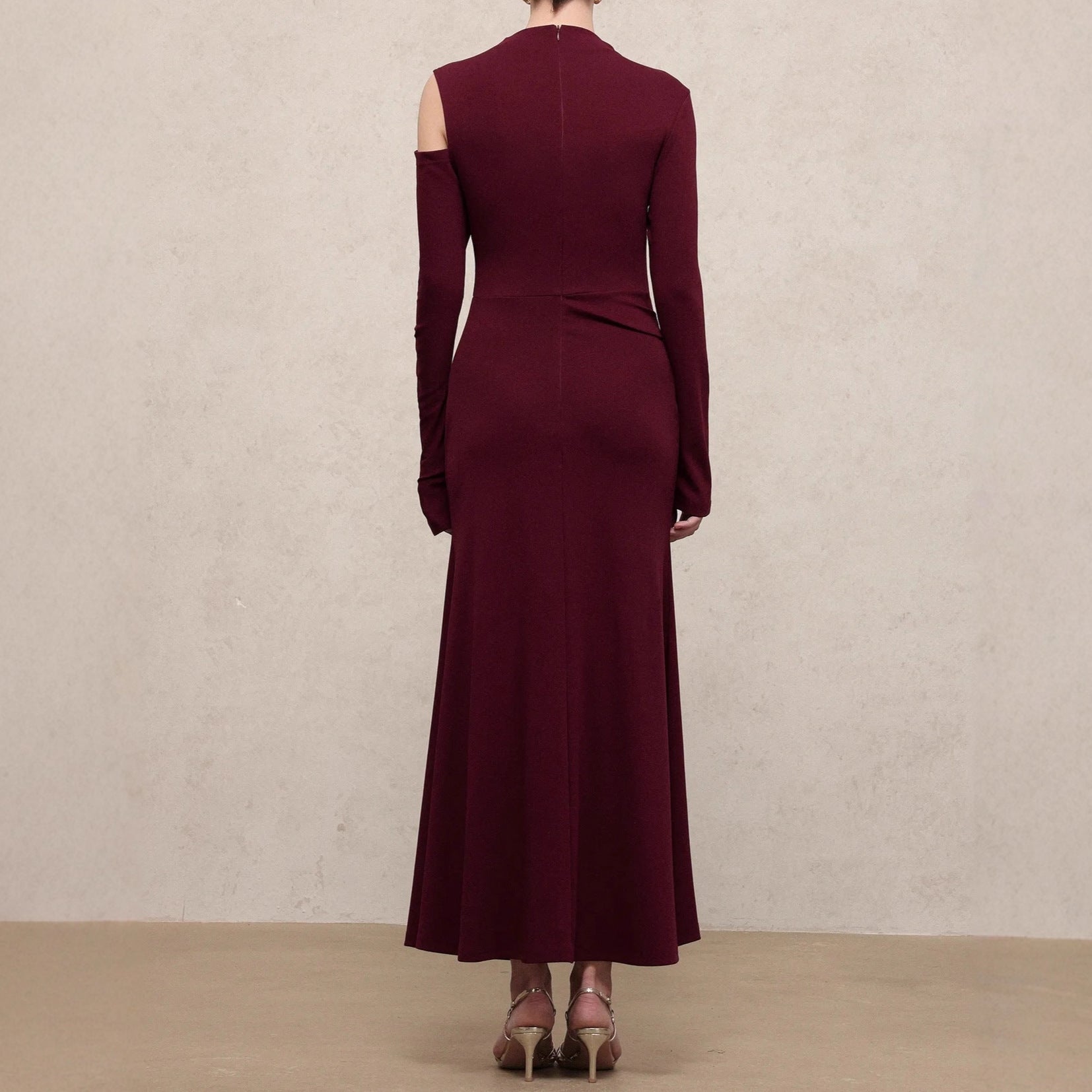 Lange asymmetrische jurk met blote schouder, lange mouw, polyester, getailleerd, elegante damesjurk voor avond, bruiloft, cocktail, formeel – Bordeaux