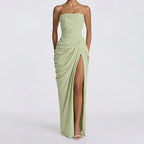 Robe Longue Femme Bustier Sans Bretelles Plissée Fente Latérale Polyester Mariage Soirée Gala Formelle Cocktail – Séraphine