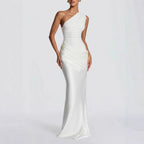 Robe Longue Col Asymétrique Diagonal Sans Manches Plissée Slim Mélange Polyester-Spandex Femme Élégante Soirée Mariage Formelle Gala Été – Diagonale