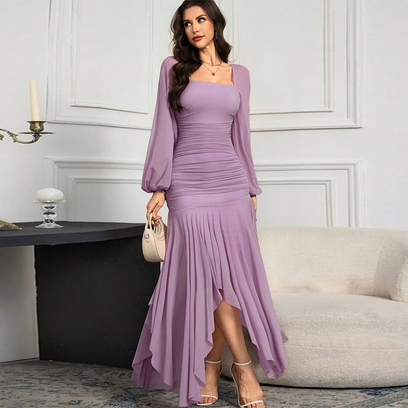 Abito Lungo Scollo Quadrato Maniche Lunghe Plissettate Taglio Aderente Poliestere Donna Elegante Matrimonio Serata Cocktail Formale – Rubans