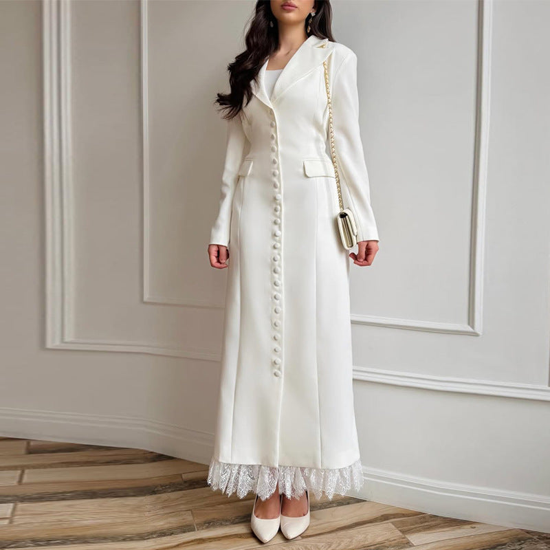 Robe Longue Femme Col V Manches Longues Dentelle Bouton Unique Polyester Cérémonie Mariage FormelleTravail – Éléonore