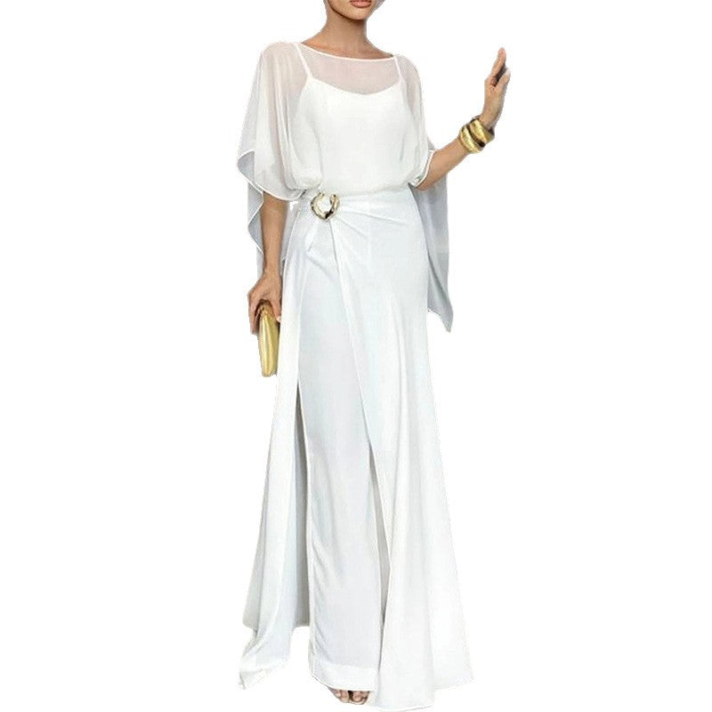 Completo Due Pezzi Donna Blusa Maniche Kimono Pantalone Largo Poliestere Colore Unito Elegante Casual Chic Matrimonio Estate – Palazzo