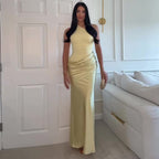 Robe Longue Col Asymétrique Diagonal Sans Manches Plissée Slim Mélange Polyester-Spandex Femme Élégante Soirée Mariage Formelle Gala Été – Diagonale
