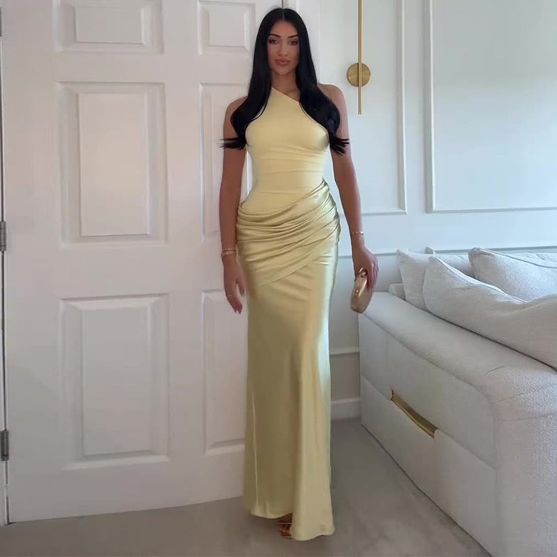 Robe Longue Col Asymétrique Diagonal Sans Manches Plissée Slim Mélange Polyester-Spandex Femme Élégante Soirée Mariage Formelle Gala Été – Diagonale
