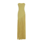 Robe Longue Plissée Frangée Couleur Unie Polyester Femme Élégante Soirée Mariage Cocktail Formelle Gala Automne – Dorée Plissée