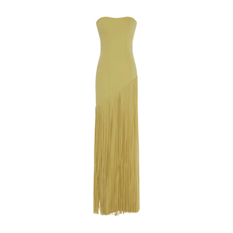 Robe Longue Plissée Frangée Couleur Unie Polyester Femme Élégante Soirée Mariage Cocktail Formelle Gala Automne – Dorée Plissée